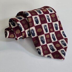 Moores Silk  Tie Gold Leaves Blue Feathers Print USA Made VTG W 4 in L 56 in